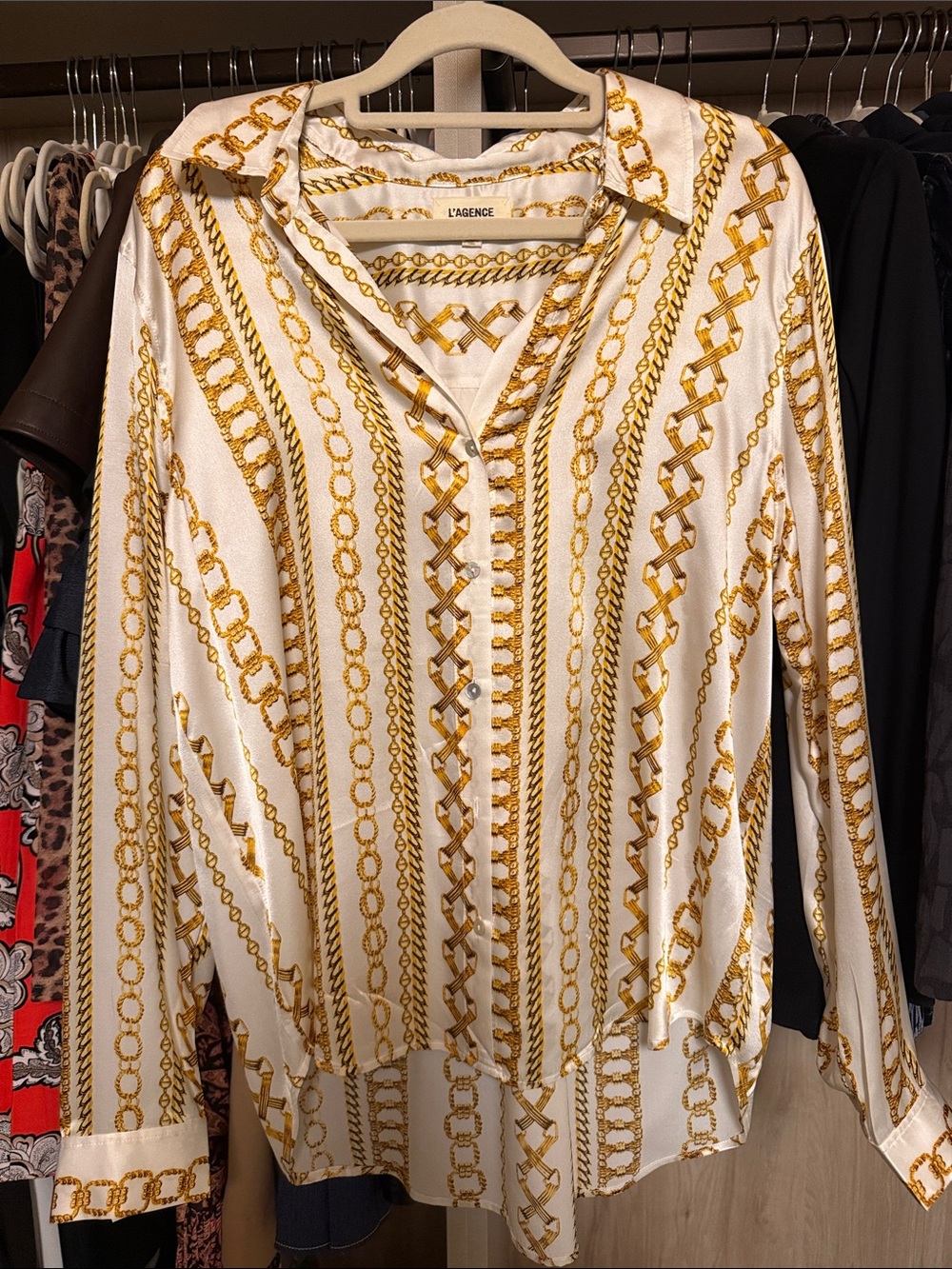 L'AGENCE White & Gold Chain-Print Silk Button-Down Shirt